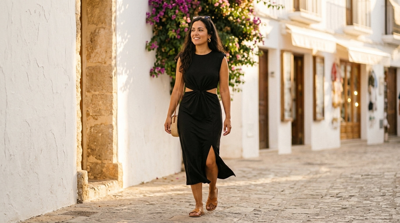 Foto lifestyle — modelo con el vestido midi negro (horizontal)