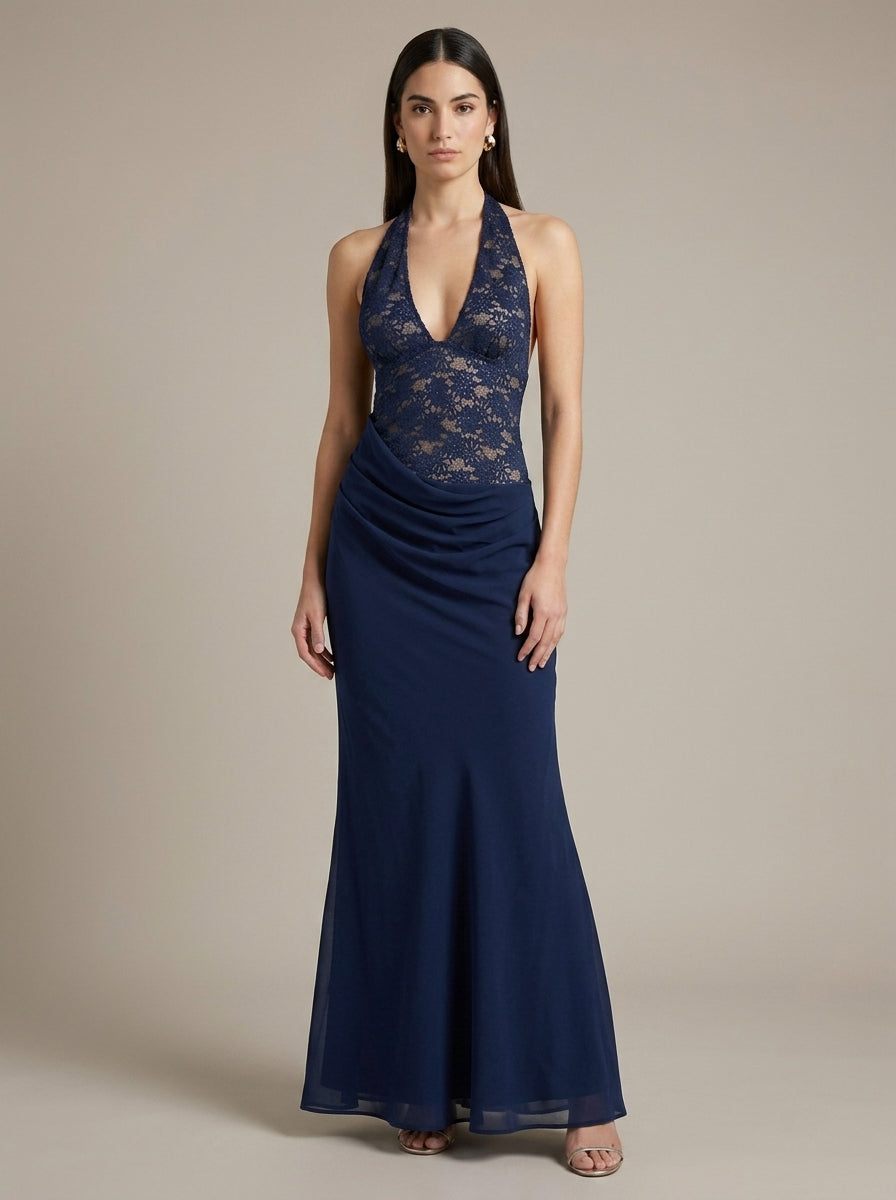 Vestido largo Lina con cuello halter, azul marino, vista frontal