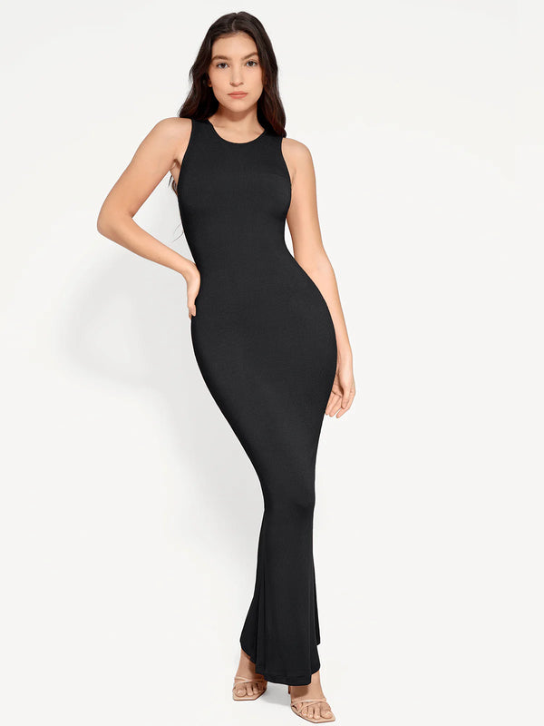 Vestido largo moldeador sin mangas con cuello redondo y faja reductora