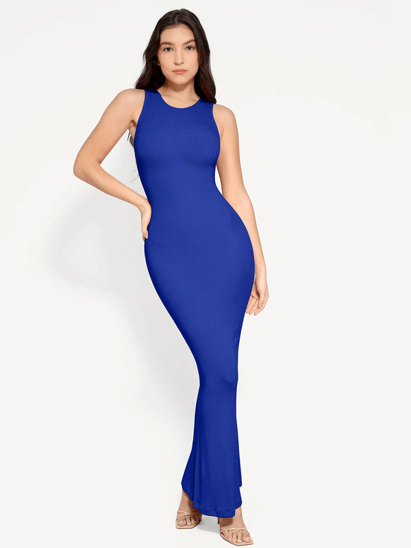 Vestido largo moldeador sin mangas con cuello redondo y faja reductora