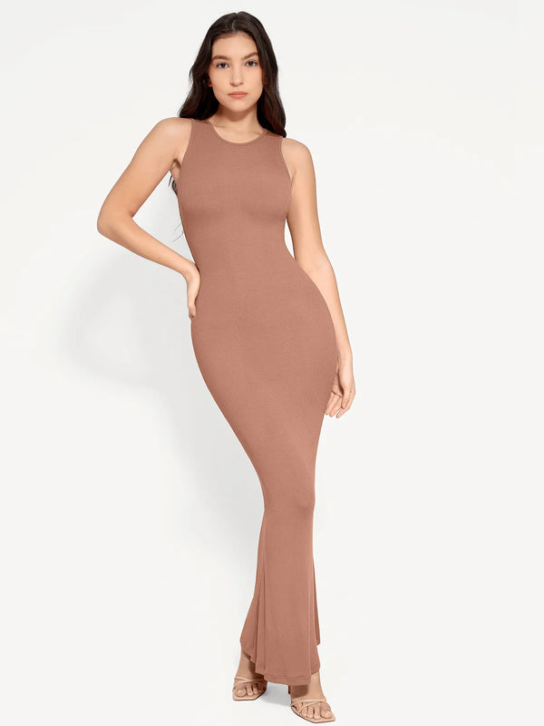 Vestido largo moldeador sin mangas con cuello redondo y faja reductora