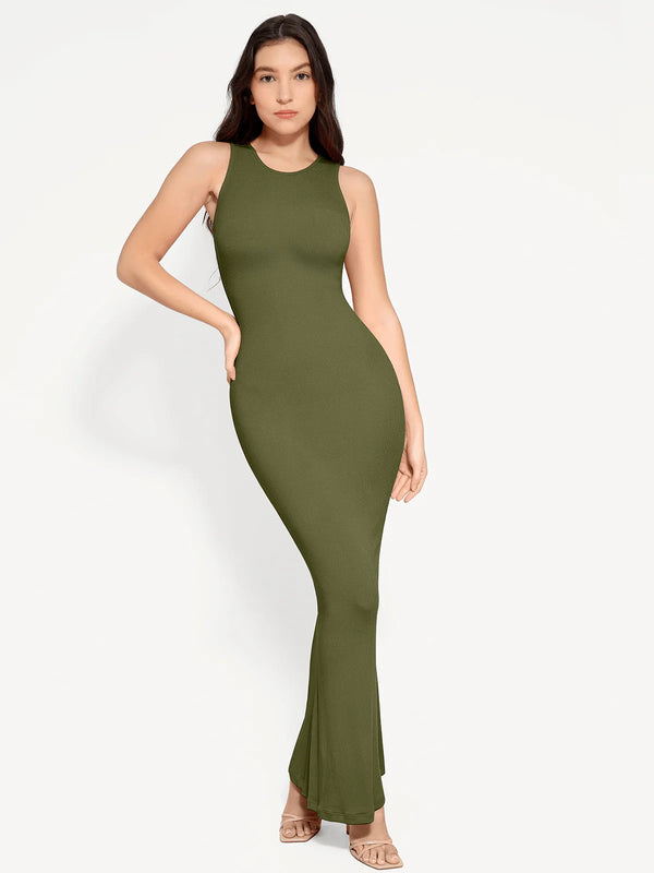 Vestido largo moldeador sin mangas con cuello redondo y faja reductora