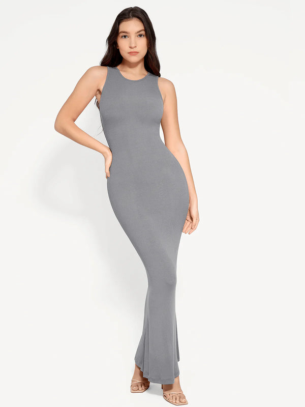 Vestido largo moldeador sin mangas con cuello redondo y faja reductora