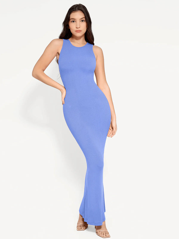 Vestido largo moldeador sin mangas con cuello redondo y faja reductora