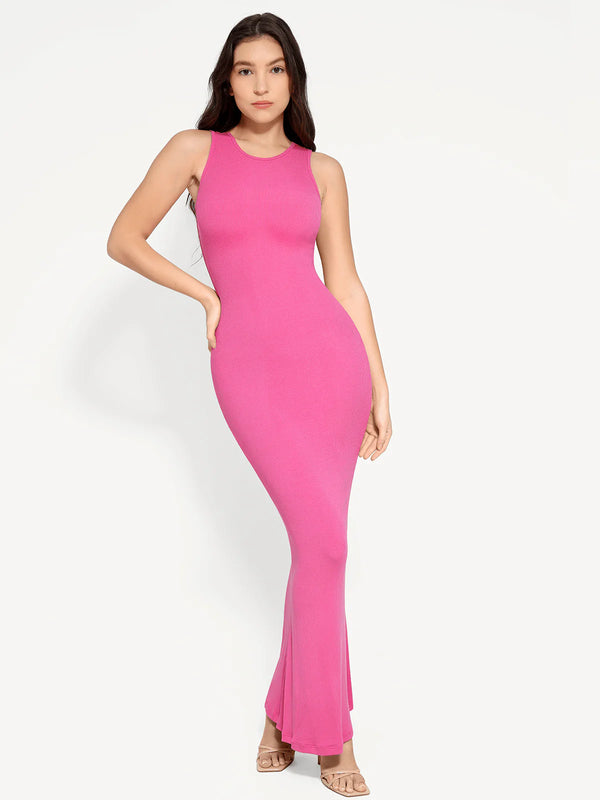 Vestido largo moldeador sin mangas con cuello redondo y faja reductora
