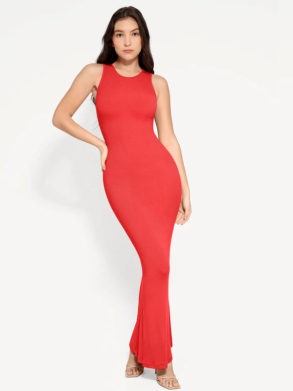 Vestido largo moldeador sin mangas con cuello redondo y faja reductora