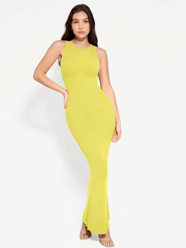 Vestido largo moldeador sin mangas con cuello redondo y faja reductora