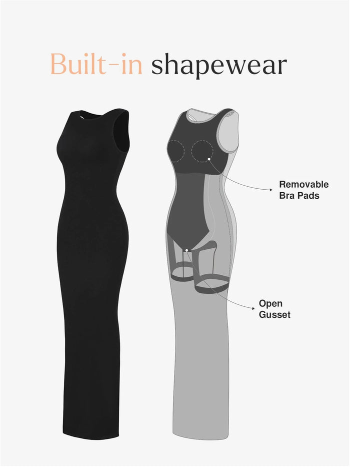 Caderas contorneadas — Vestido largo moldeador sin mangas con cuello redondo y faja reductora